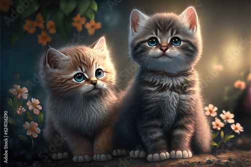 Happy kittens illustration with background flowers © Nektarstock