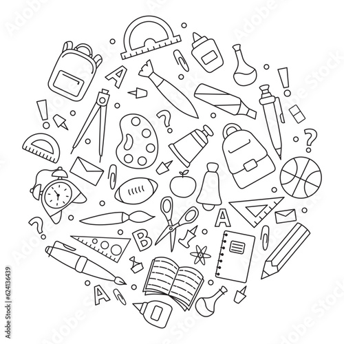 Doodle school icon.Hand drawn stadying education.School supplies and creative elements. Back to school.Freehand drawing school items.Concept of education. Online education.Doodle sketch style vector.