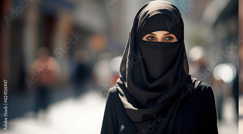 Billede på lærred Arab girl in a black hijab close-up. AI generation