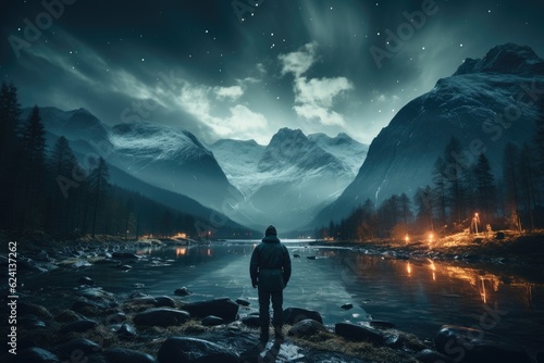a man standing in nature surrounded by mountain, lake and aurora light photo