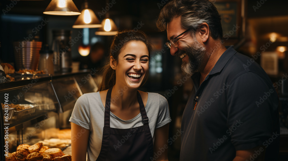 Manager and waitress laughing. Looking to digital tablet standing in cafe or restaurant. Small business concept.