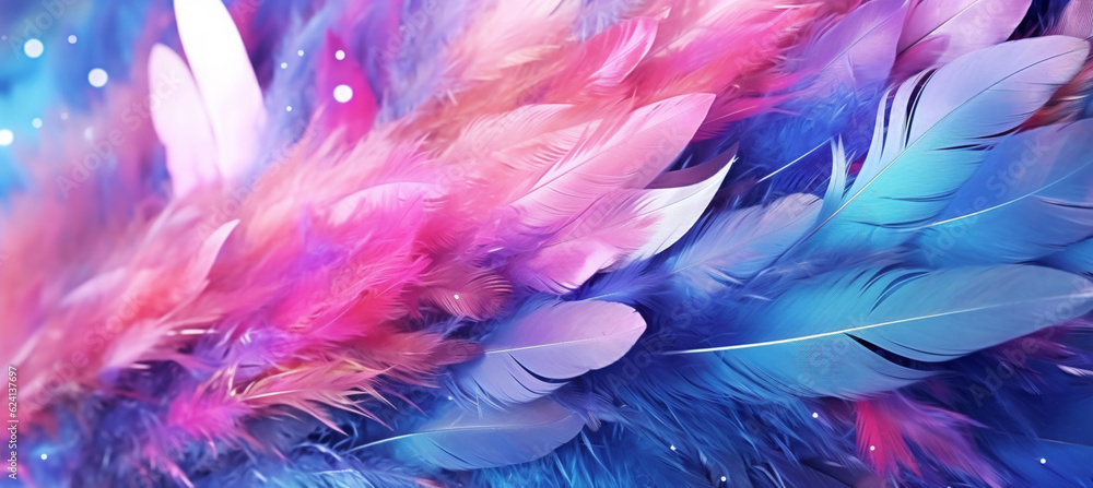 Art abstract background festive celebratory. Drop water, sequins and stars on feather blue and pink colors Art abstract background festive celebratory. Drop water, sequins and stars on feather blue and pink colors
