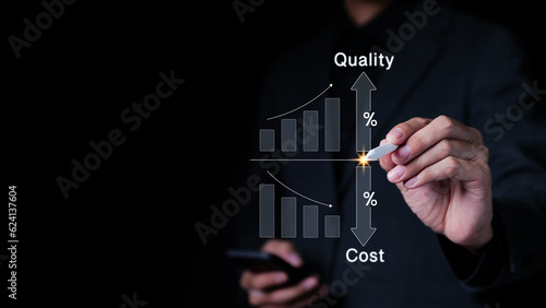Quality increase and cost optimization for products or services to improve customer satisfaction and enhance company performance. Successful corporate strategy and management. Effective business.