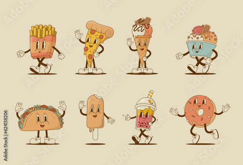 Set of retro 70s cartoon funny characters. Pizza, taco, ice cream, bubble tea, donut mascot. Vintage street fast food vector illustration. Nostalgia 60s, 80s