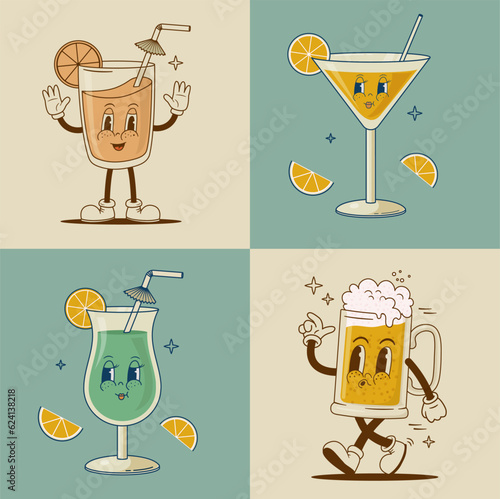 Set of retro 70s cartoon funny characters. Coctail, beer, juice, martini  mascot. Vintage alcohol beverage vector illustration. Nostalgia 60s, 80s