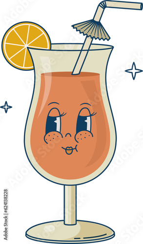 Set of retro 70s cartoon funny characters. Coctail, juice  mascot. Vintage beverage vector illustration. Nostalgia 60s, 80s