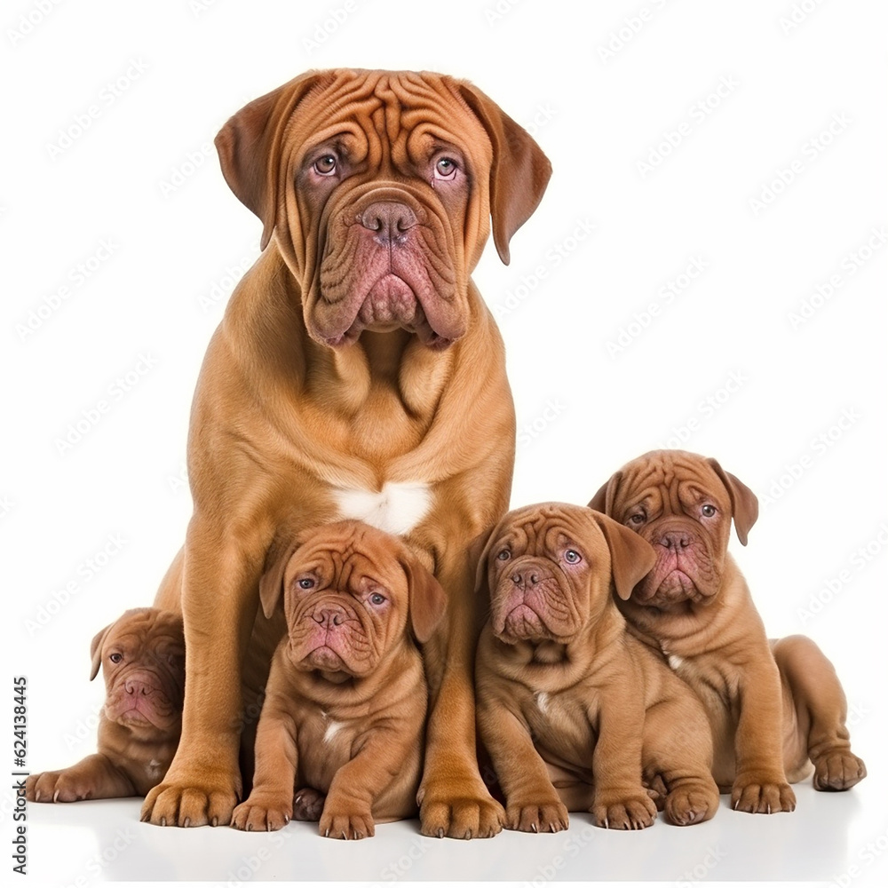 Obraz premium Dogue de Bordeaux with puppies close up portrait isolated on white background. Brave pet, loyal friend, good companion, generative AI