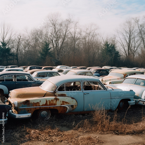 Junkyard of old cars  many different broken rusty cars  generative ai