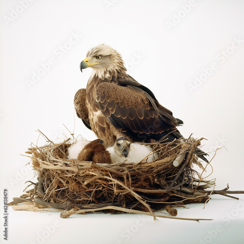 Eagle in a nest of branches on a tree  a large bird of prey  isolated on white close-up  generative ai