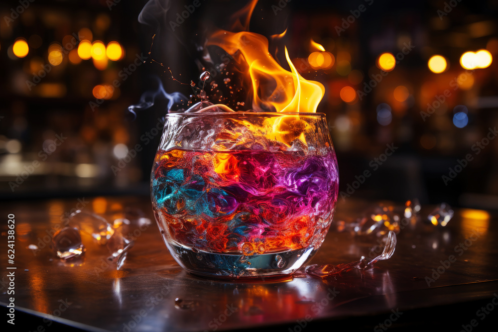 Multicolor alcoholic cocktail with fire and smoke in a bar, nightclub party concept, AI Generated Multicolor alcoholic cocktail with fire and smoke in a bar, nightclub party concept, AI Generated
