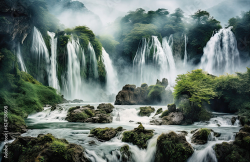 Bello paisaje con gran vegetacion verde  niebla  y cascadas. ilustracion de IA generativa