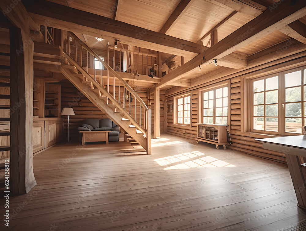 wooden interior of a country house spacious living room on the second floor, AI Generation