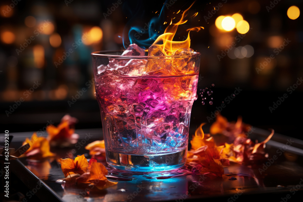 Multicolor alcoholic cocktail with fire and smoke in a bar, nightclub party concept, AI Generated Multicolor alcoholic cocktail with fire and smoke in a bar, nightclub party concept, AI Generated