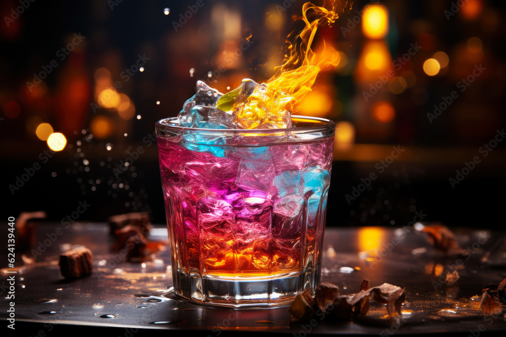 Multicolor alcoholic cocktail with fire and smoke in a bar, nightclub party concept, AI Generated Multicolor alcoholic cocktail with fire and smoke in a bar, nightclub party concept, AI Generated