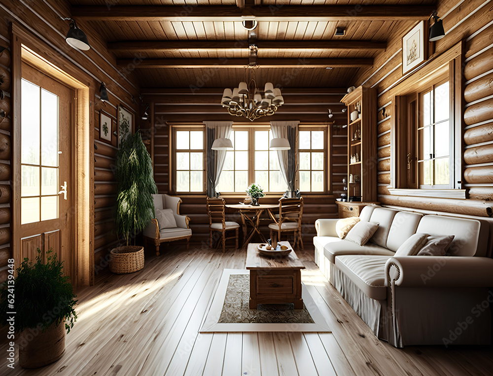 Fototapeta premium wooden interior of a country house spacious living room on the second floor, AI Generation