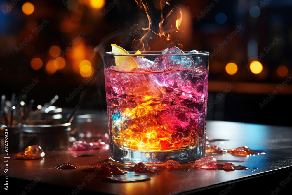 Multicolor alcoholic cocktail with fire and smoke in a bar, nightclub party concept, AI Generated Multicolor alcoholic cocktail with fire and smoke in a bar, nightclub party concept, AI Generated