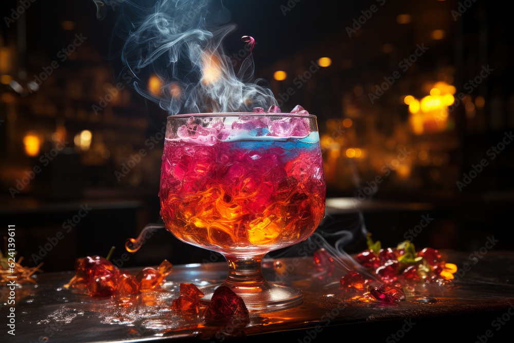 Multicolor alcoholic cocktail with fire and smoke in a bar, nightclub party concept, AI Generated Multicolor alcoholic cocktail with fire and smoke in a bar, nightclub party concept, AI Generated