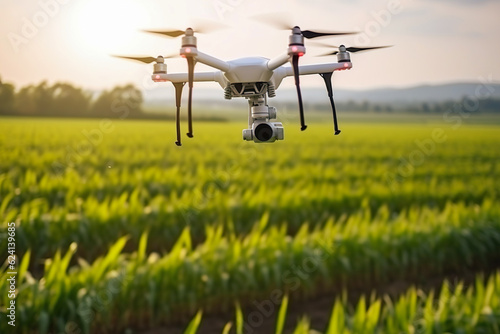 Agriculture Drone Monitoring Green Corn Field. Quadcopter Flying Above Lush Cultivated Field for Crop Surveillance, Smart Modern Farm Management and Precision Farming.