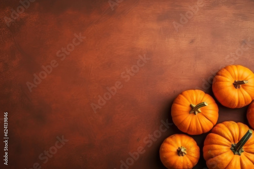 Background with copy space, pumpkins on orange background, flatlay. AI generative.