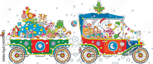 Merry Christmas and happy New Year card with a funny snowman driving a small retro car and a trailer with holiday gifts, toys and sweets, vector cartoon illustration isolated on white