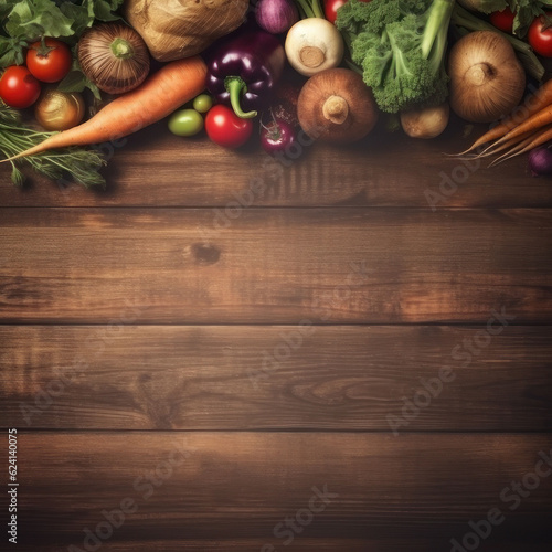 Square background  vegetables on a wooden table. AI generative.