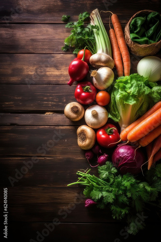 Vertical background, vegetables on a wooden background. AI generative.