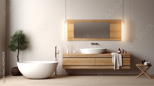 Minimalist interior design of modern bathroom with wooden panel and wall mounted vanity generative ai