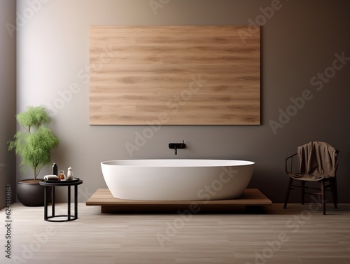 Minimalist interior design of modern bathroom with wooden panel and wall mounted vanity generative ai