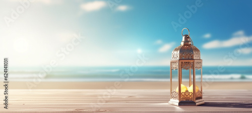 Ramadan lantern in a tropical summer beach with an empty wooden floor in the light sunlight on nature