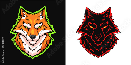 Red fox logo, sport fox mascot, vector illustration. Cartoon fox head, black foxy beast vector sign, sticker and silhouette. Fox logotype and esports emblem for print, graphic design and animation