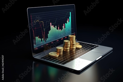 The concept of economic indicators. Laptop with coins, graph on a dark background. Generative AI