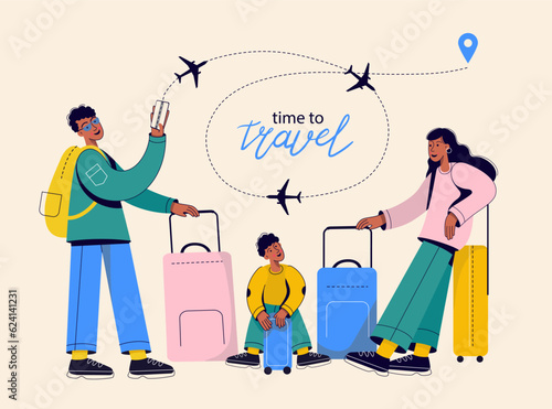 Happy Family with suitcases and backpacks travel together. Parents with son at the airport ready for vacation
