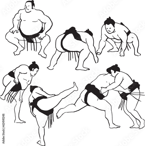 Sumo fighter illustration set ink style just one color, simple line vector