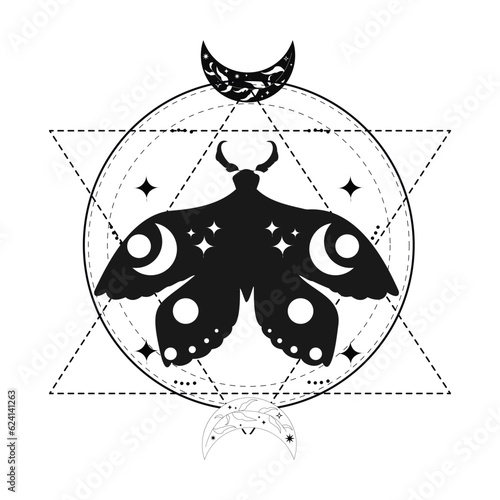 Magic mystic moth silhouette with moon in doodle style, line art isolated, boho celestial esoteric symbol, tatoo or print
