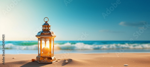 Ramadan lantern in a tropical summer beach. Golden sand beach  ocean against blue sky
