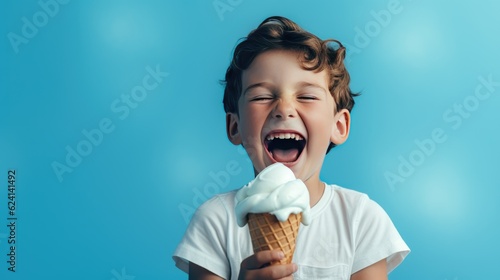 Cheerful child in a white t-shirt eats ice cream isolated on a blue background. Generative AI.