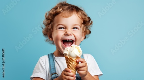 Foto Cheerful kid eating ice cream in waffle cone isolated on blue