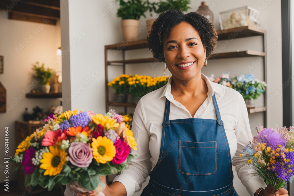 Portrait of a smiling happy senior black woman prepares bouquets of flowers in a small flower shop at early morning. Concept of biophilia lifestyle. Generative AI