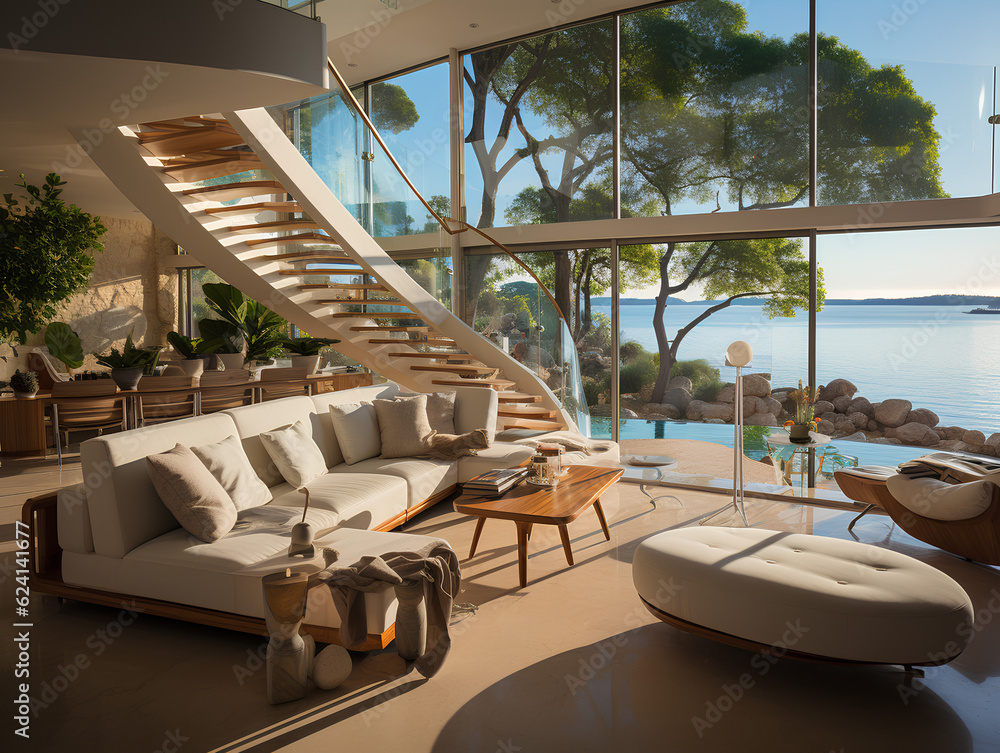 Fototapeta premium spacious modern villa with large windows, AI Generation