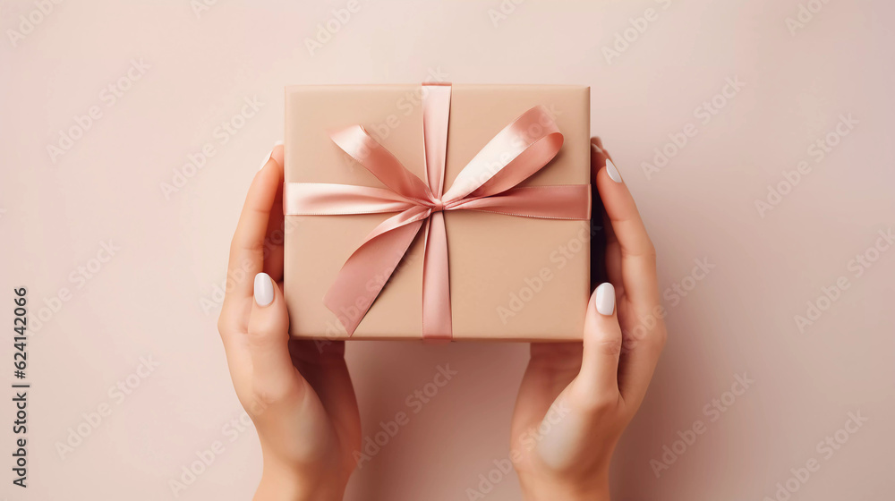 Holiday minimal background with hands holding gold gift box, Christmas Day and New Year concepts, happiness moment. Generative AI. Holiday minimal background with hands holding gold gift box, Christmas Day and New Year concepts, happiness moment. Generative AI.
