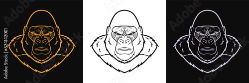 Outline gorilla logo set in golden, black and silver colors. Vintage gorilla mascot, vector illustration. Gorilla head silhouette, angry monkey beast. Ape logotype, emblem for print and apparel design
