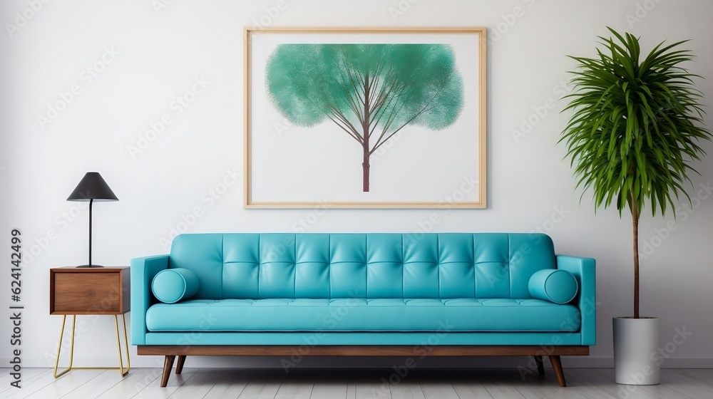 Fototapeta premium Mid century style interior design of modern living room with blue sofa against white wall and art poster frame generative ai 