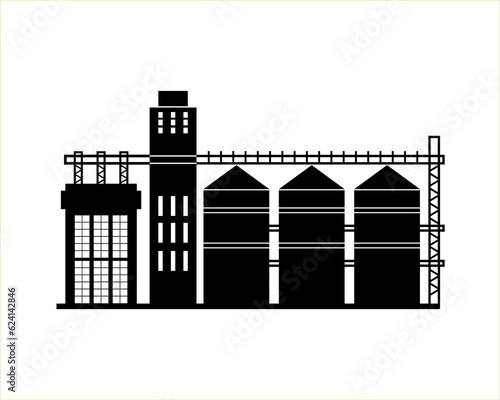 Grain elevator, agricultural building of a granary. Black silhouette of a warehouse of cereals on a white background. Vector illustration icons