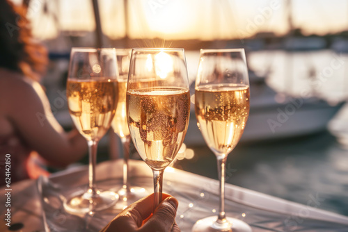 Person holding a glass of champagne on a yacht at sunset close-up. Generative AI illustration