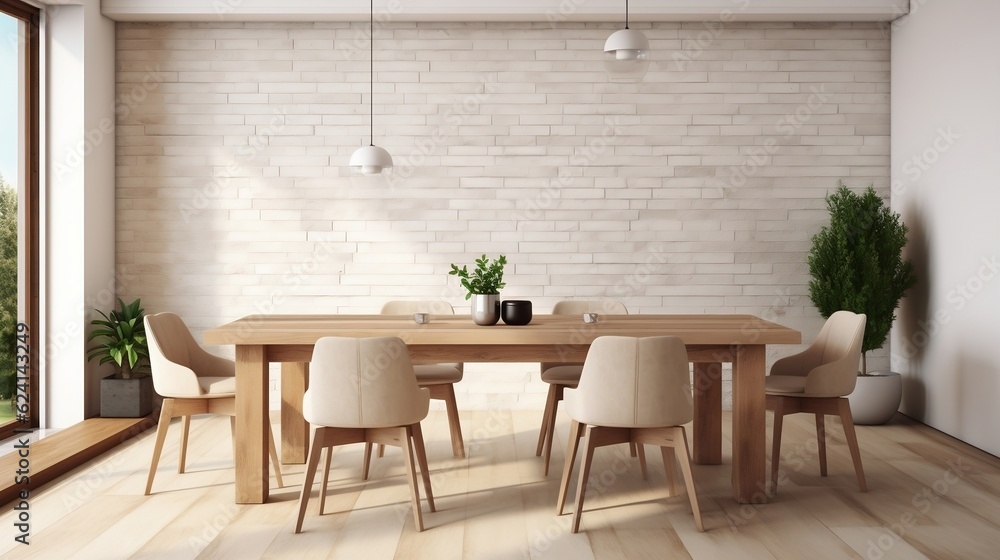 Minimalist interior design of modern dining room with wooden table and chairs generative ai