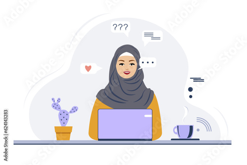 Muslim woman in a hijab sits at a laptop. Young woman is working with a laptop. Conceptual illustration of working on the Internet. Vector illustration in flat style