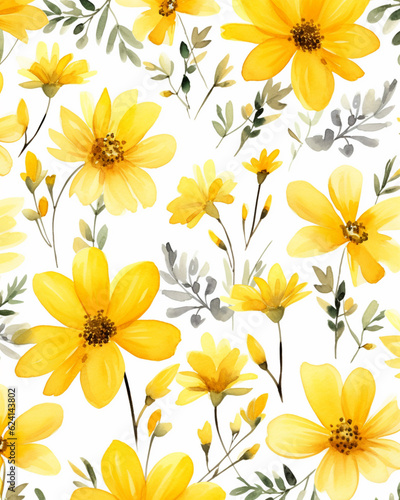 Yellow flowers watercolor seamless patterns