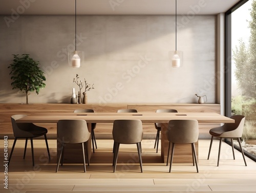 Minimalist interior design of modern dining room with wooden table and chairs generative ai © tanjidvect