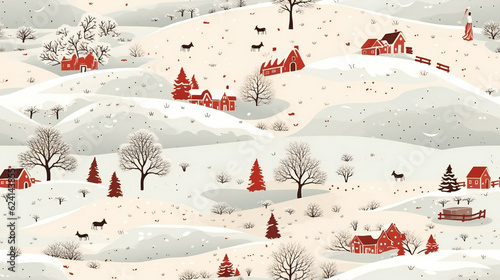 seamless pattern winter mountain landscape, red houses