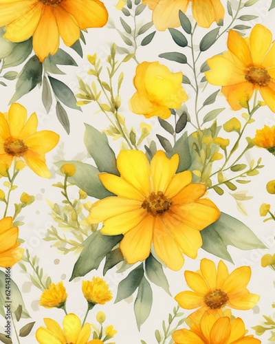 Yellow flowers watercolor seamless patterns